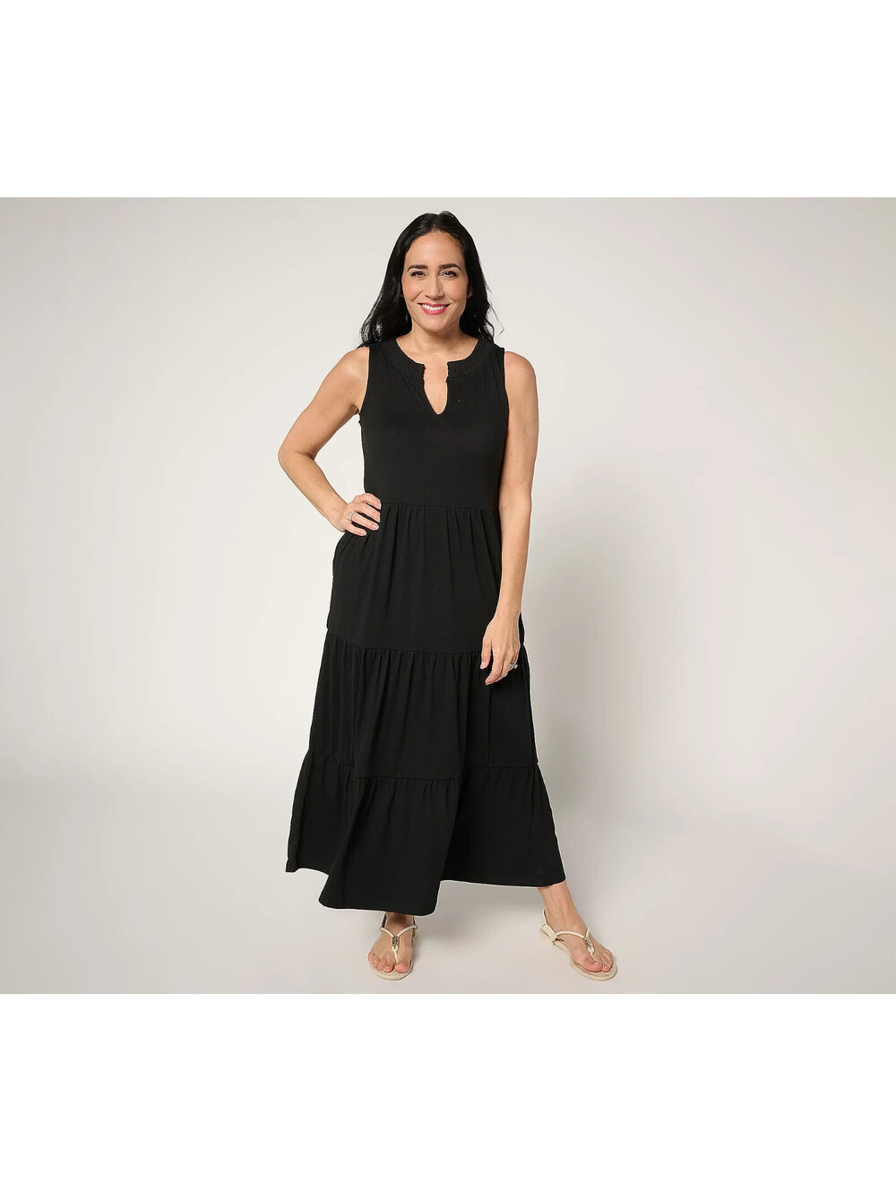 Cuddl Duds Flexwear Sleeveless A-line Tiered Maxi Dress Black, Size Medium